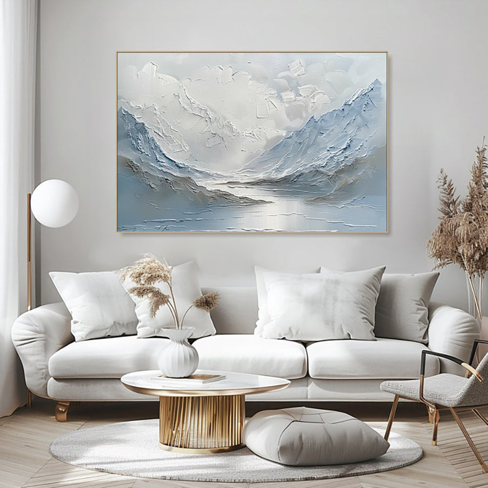 HKM-403155 Abstract Handpainted Oil Painting of Light Blue and White Mountain Lake Scenery on Canvas for Home Decor