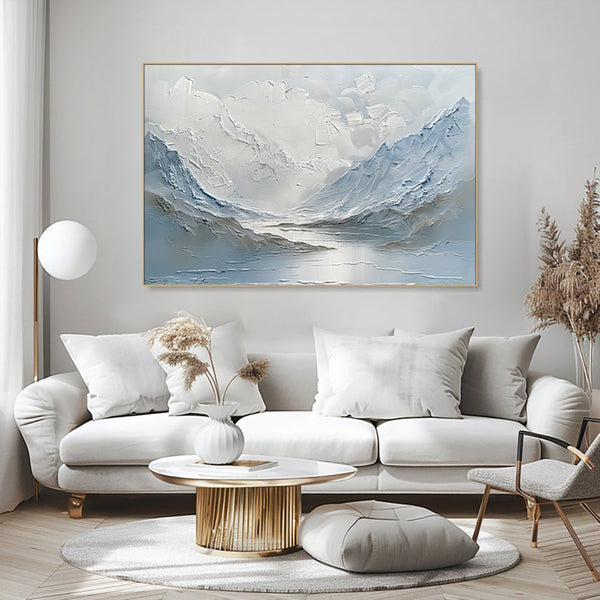 HKM-403155 Abstract Handpainted Oil Painting of Light Blue and White Mountain Lake Scenery on Canvas for Home Decor
