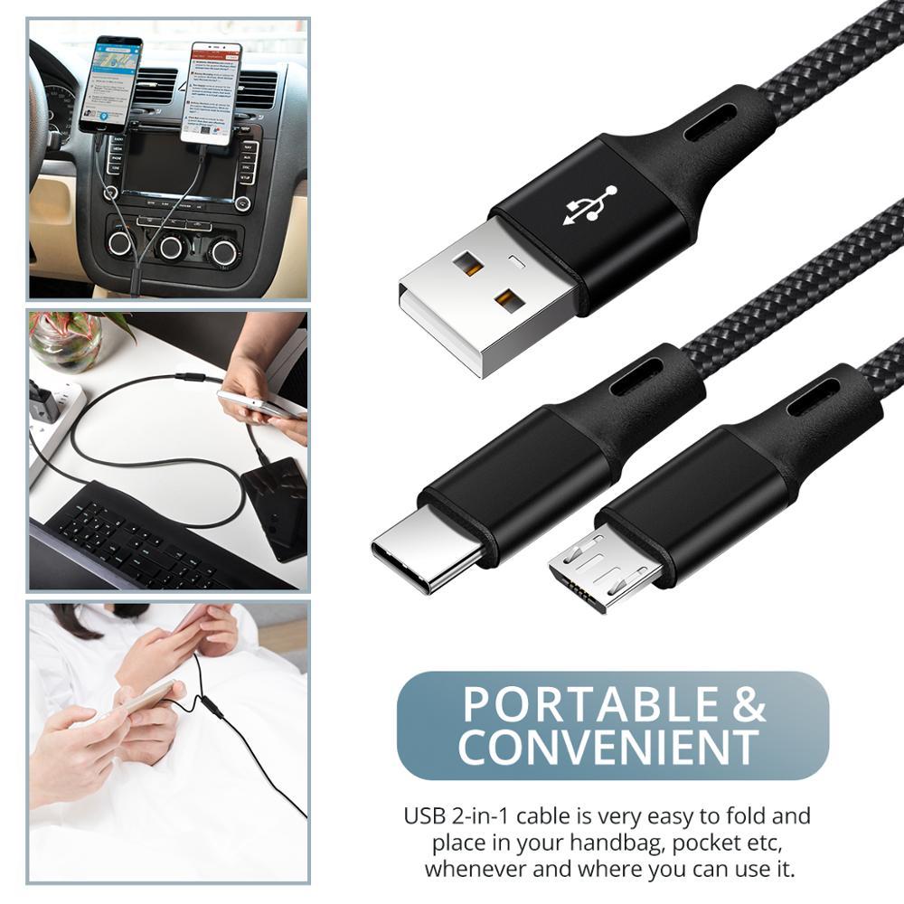 HKM-403603 Triple Connector Charging Cable with Micro USB and Type-C - 1.2m Durable Nylon Braided Wire