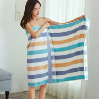 HKM-403795 Large Cotton Bath Towel - Blue and Pink Striped, Absorbent, 90x180 cm