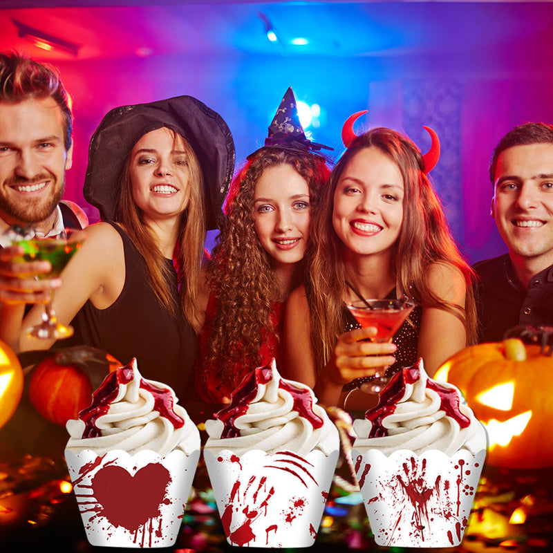 HKM-404179 Horror-Themed Red Hand Paper Cupcake Surrounding Border - 12 Pieces for Halloween Decor