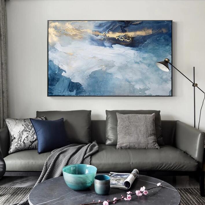 HKM-404371 Modern Abstract Golden Leaf and River Blue Canvas Art Print