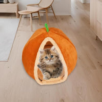 HKM-4044477 Cozy Pumpkin Cat Bed Cave - Semi Enclosed Plush Nest for Cats and Small Dogs