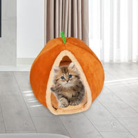 HKM-4044477 Cozy Pumpkin Cat Bed Cave - Semi Enclosed Plush Nest for Cats and Small Dogs