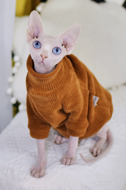 HKM-4045373 Cozy Thickened Chenille Winter Clothes for Hairless Cats in Caramel Brown
