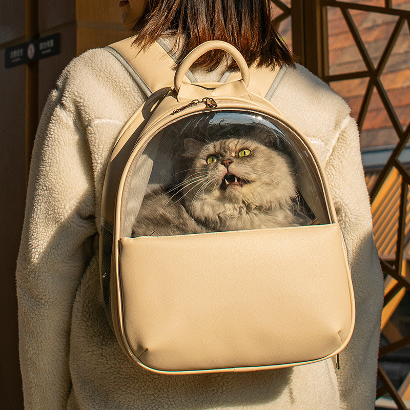 HKM-4049213 Transparent Cat and Dog Backpack in Beige and Blue, Fine Grain Leather, Various Sizes