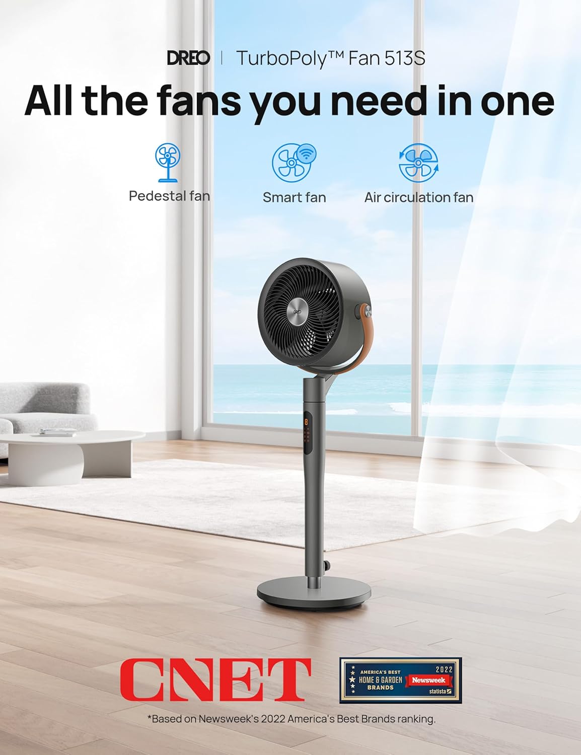 HKM-4050259 Smart Fan, 120°+105° Omni-directional Oscillation, 20dB Quiet Pedestal Fan, 8 Speeds, 6 Modes, Adjustable Height 37-43