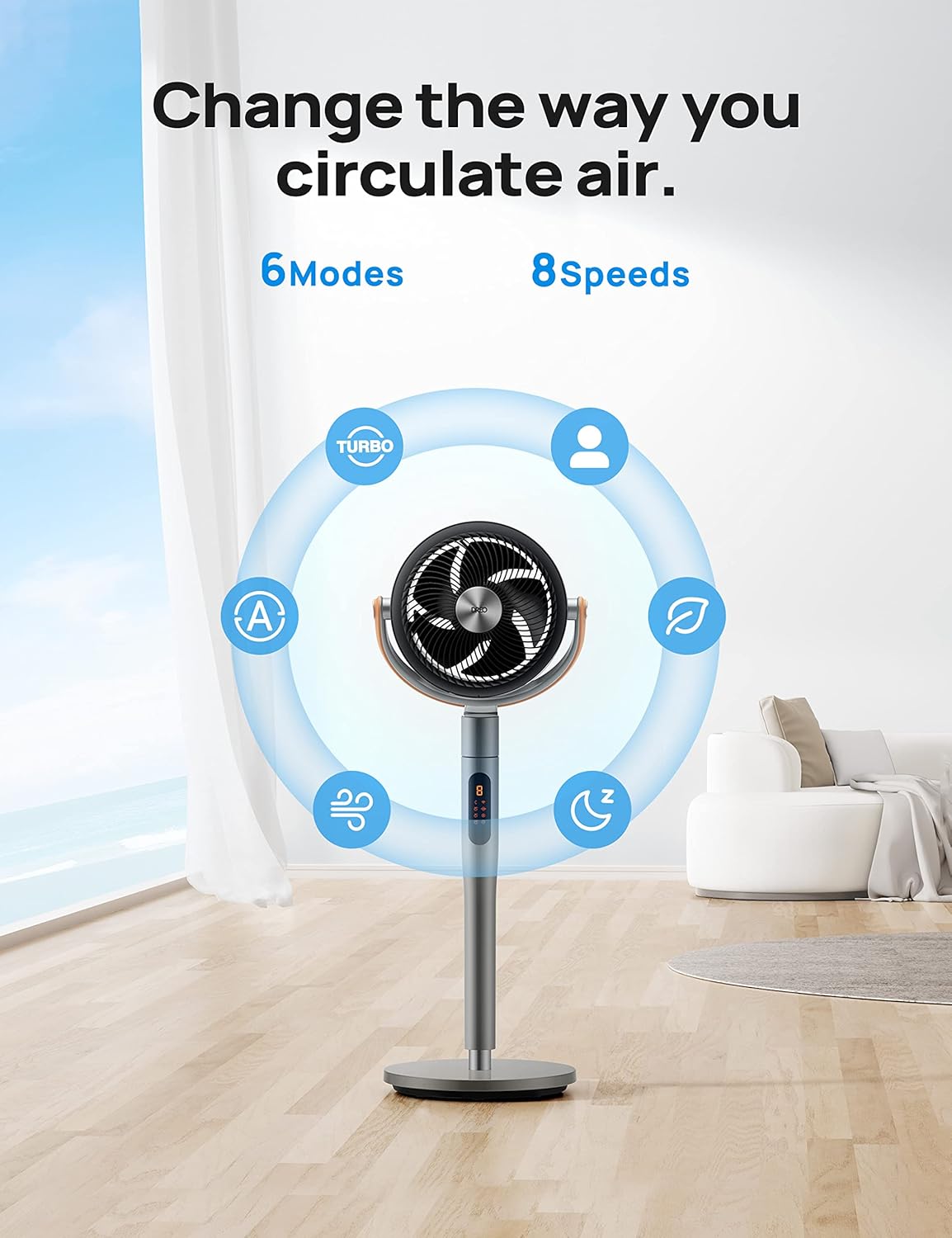 HKM-4050259 Smart Fan, 120°+105° Omni-directional Oscillation, 20dB Quiet Pedestal Fan, 8 Speeds, 6 Modes, Adjustable Height 37-43