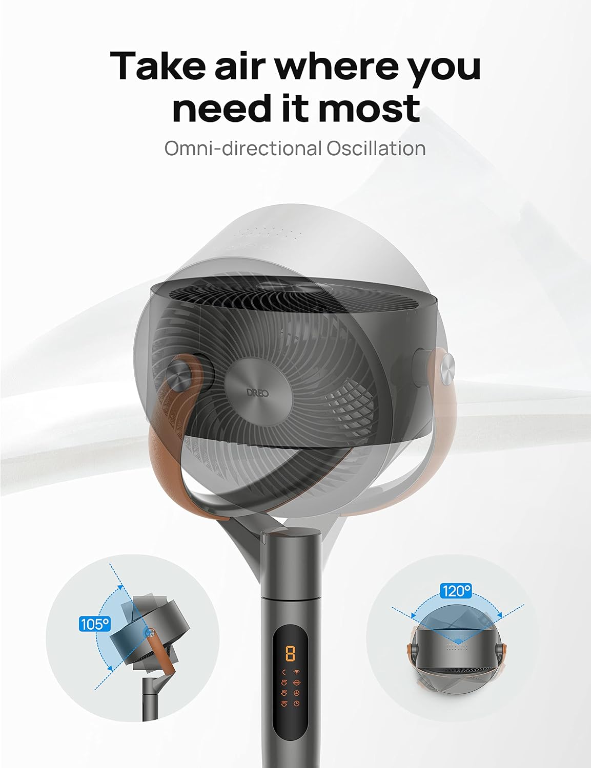 HKM-4050259 Smart Fan, 120°+105° Omni-directional Oscillation, 20dB Quiet Pedestal Fan, 8 Speeds, 6 Modes, Adjustable Height 37-43