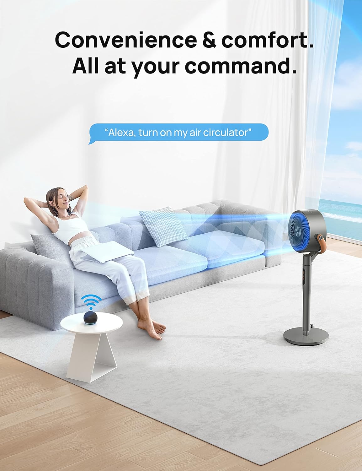 HKM-4050259 Smart Fan, 120°+105° Omni-directional Oscillation, 20dB Quiet Pedestal Fan, 8 Speeds, 6 Modes, Adjustable Height 37-43