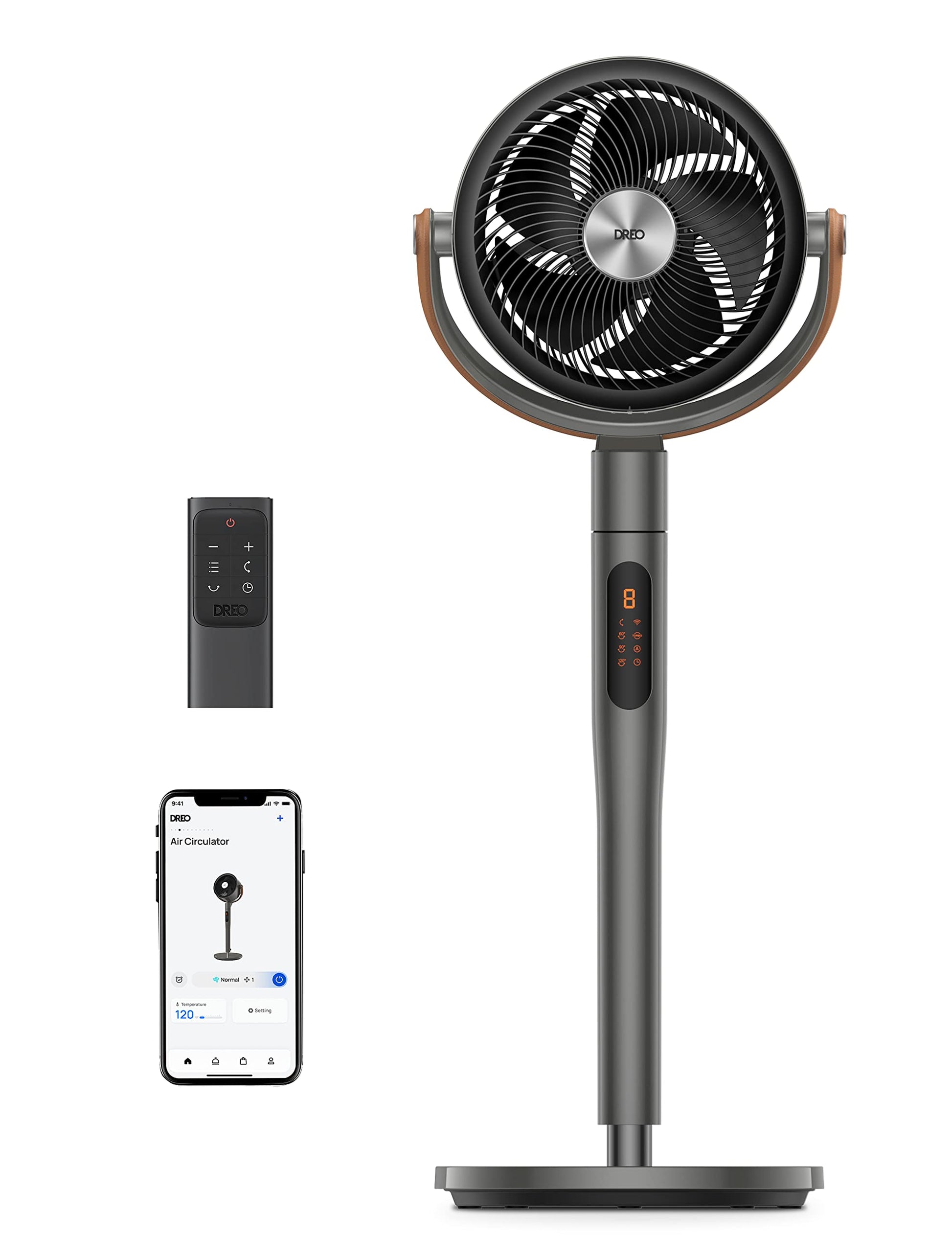 HKM-4050259 Smart Fan, 120°+105° Omni-directional Oscillation, 20dB Quiet Pedestal Fan, 8 Speeds, 6 Modes, Adjustable Height 37-43