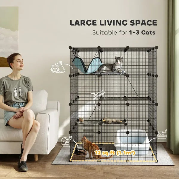HKM-4050621 4-Tier Indoor Cat Cage with Hammock, Ramps, Platforms, and Doors for 1-3 Cats, 3x3x4 Feet, Black