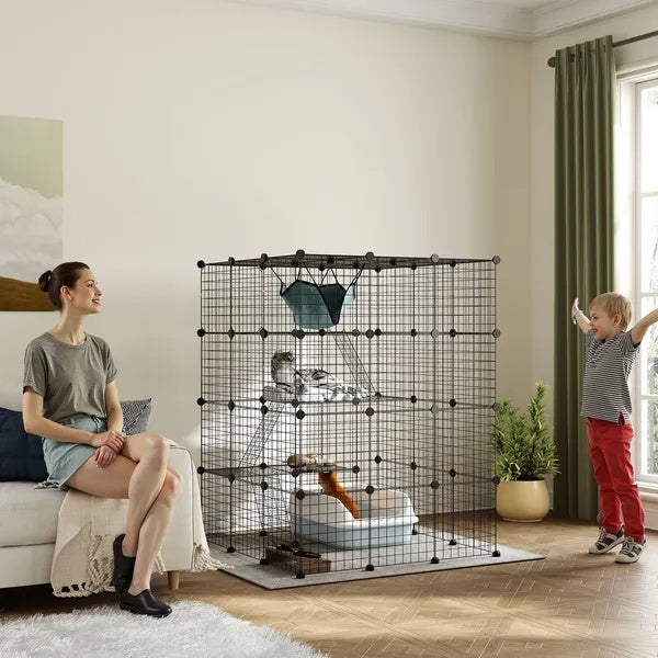 HKM-4050621 4-Tier Indoor Cat Cage with Hammock, Ramps, Platforms, and Doors for 1-3 Cats, 3x3x4 Feet, Black