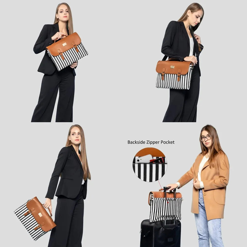 HKM-405075 Large Capacity Women's Office Satchel Handbag for 15.6" Laptop - Canvas and PU Shoulder Bag