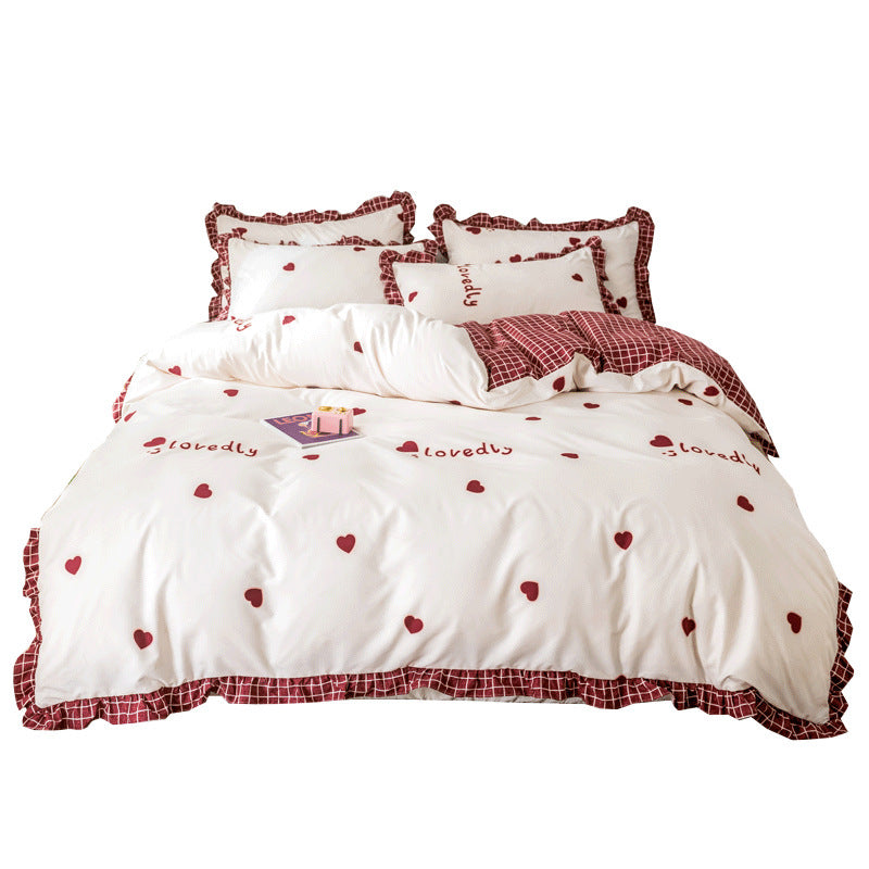 HKM-405203 Princess Style Four-Piece Heart Duvet Cover Set for Girls - Summer Bedding Collection in Various Lace Styles