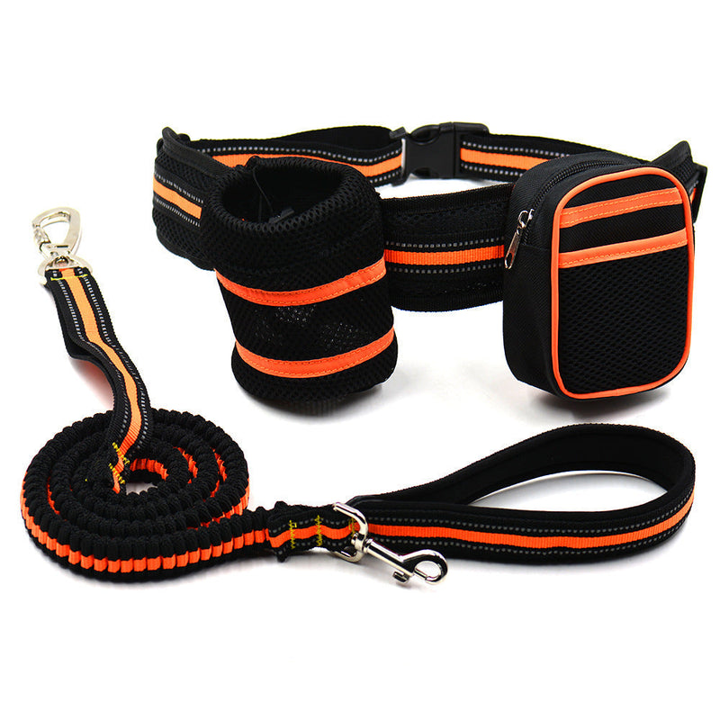HKM-4052541 Reflective Orange Nylon Pet Traction Set with Adjustable Rope Length 125-210cm and Waist 78-110cm