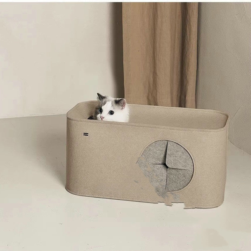 HKM-4052797 Foldable Cat Nest in Khaki and Gray - Cozy Felt Pet Bed for Cats (52x26x26cm, 60x30.5x30.5cm)