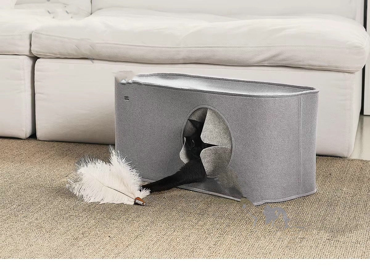 HKM-4052797 Foldable Cat Nest in Khaki and Gray - Cozy Felt Pet Bed for Cats (52x26x26cm, 60x30.5x30.5cm)
