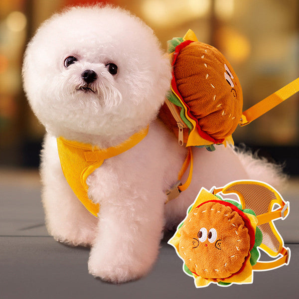 HKM-4058301 Cute Burger and Fries Drawstring Backpack with Hand Rope for Dogs
