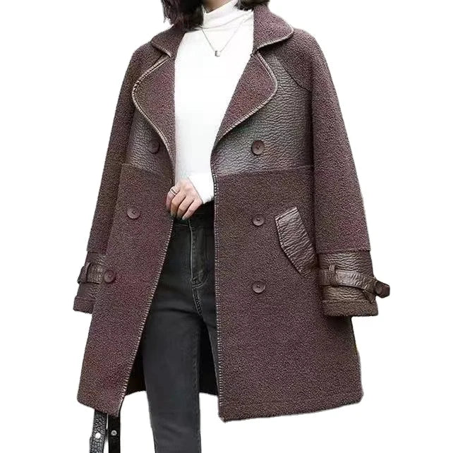 HKM-405907 Woman Leather Jacket Winter Mid to Long Length Fur Integrated With Plush Thickened Collar Wind Breaker Jacket