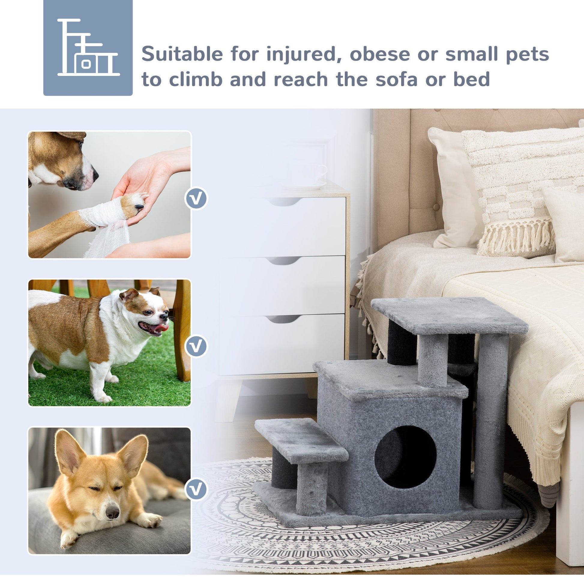 HKM-4061757 Adjustable 3/4 Step Cat Stairs with Scratching Post, Condo, and Toy Ball for Easy Access to Beds and Sofas