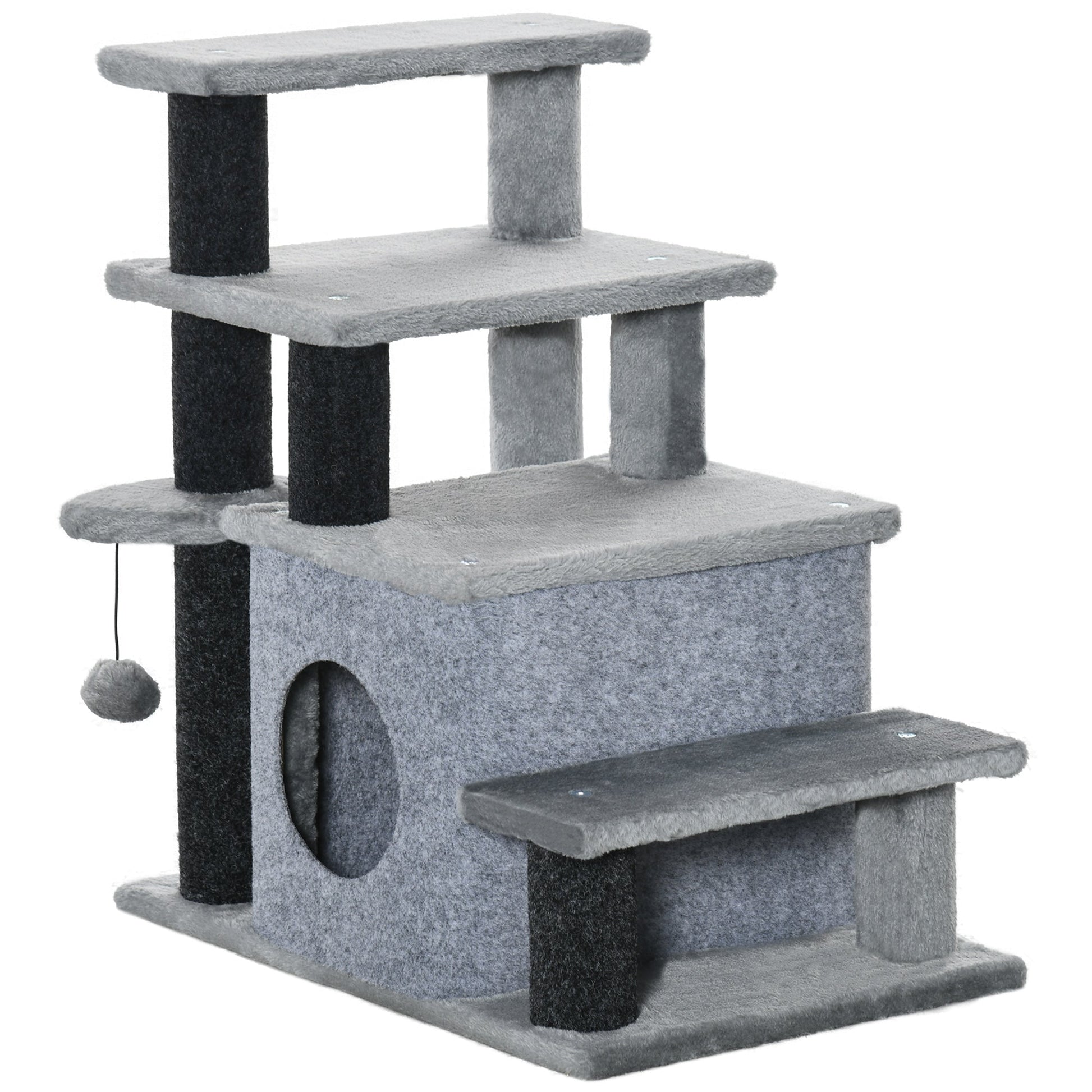 HKM-4061757 Adjustable 3/4 Step Cat Stairs with Scratching Post, Condo, and Toy Ball for Easy Access to Beds and Sofas