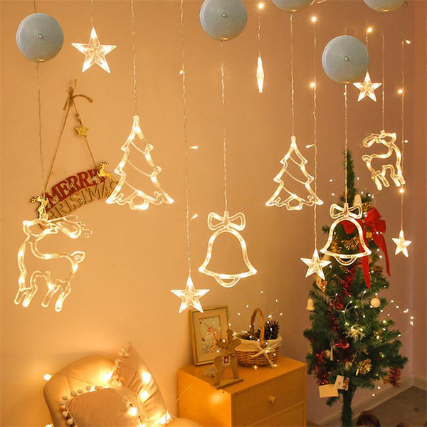 HKM-406291 Battery-Powered Holiday LED Suction Cup Chandelier Lights - Christmas Snowman, Elk, and Star Designs for Window Decor