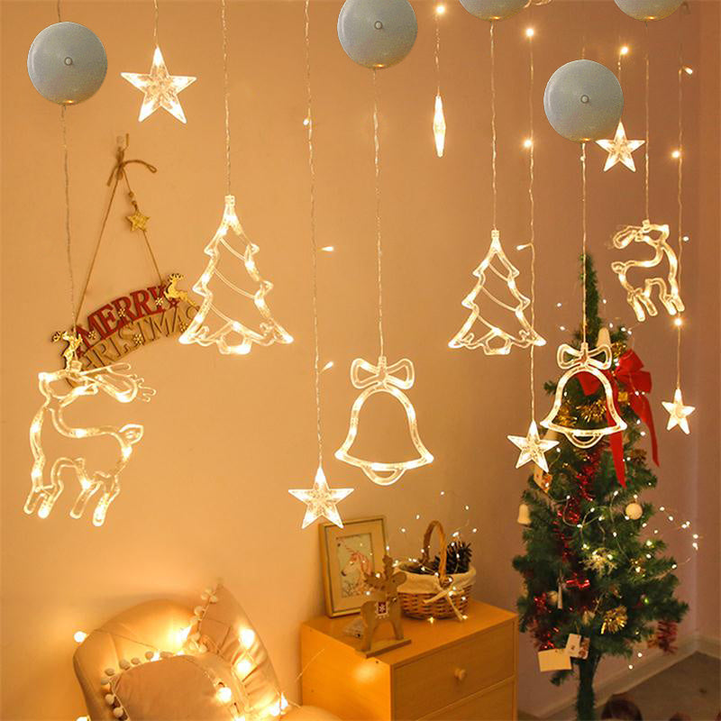 HKM-406291 Battery-Powered Holiday LED Suction Cup Chandelier Lights - Christmas Snowman, Elk, and Star Designs for Window Decor