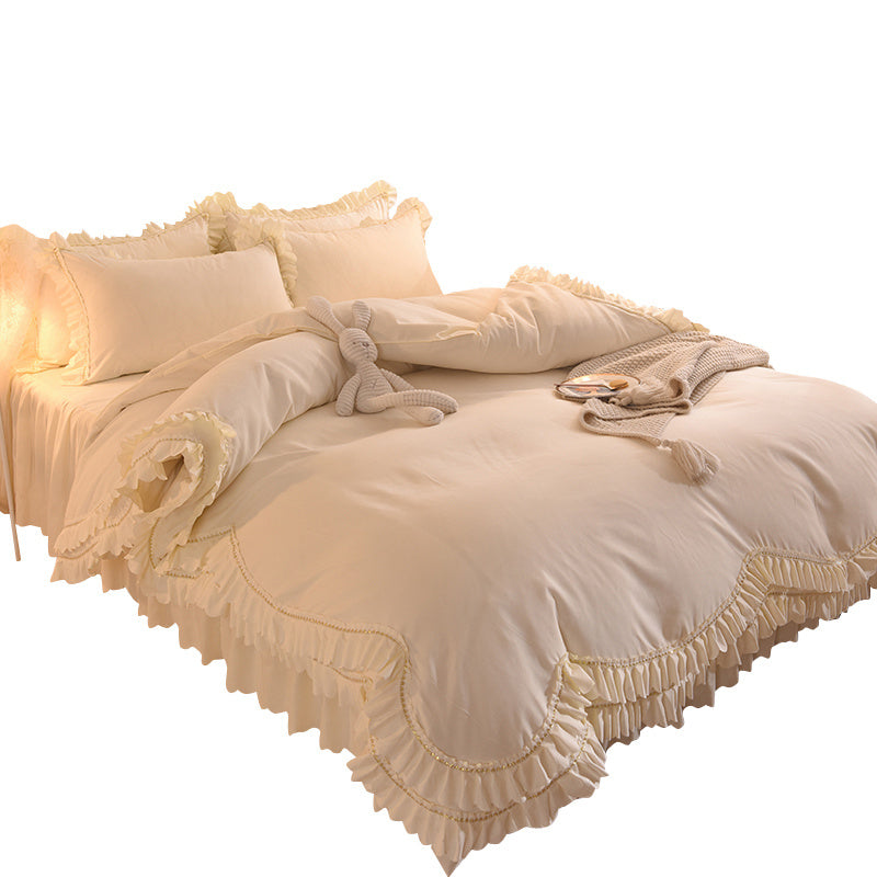 HKM-406355 Light Luxury Nude Four-Piece Lace Bed Sheet Set with Bed Skirt for Double Bed
