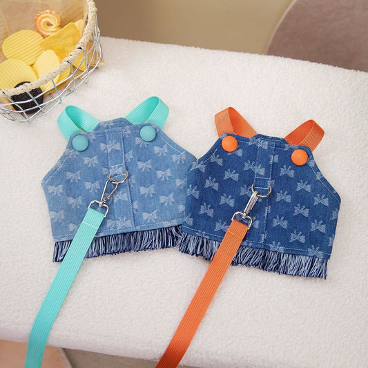 HKM-4064061 Light Blue and Dark Orange Cotton Full Bottom Bow Denim Vest for Pets
