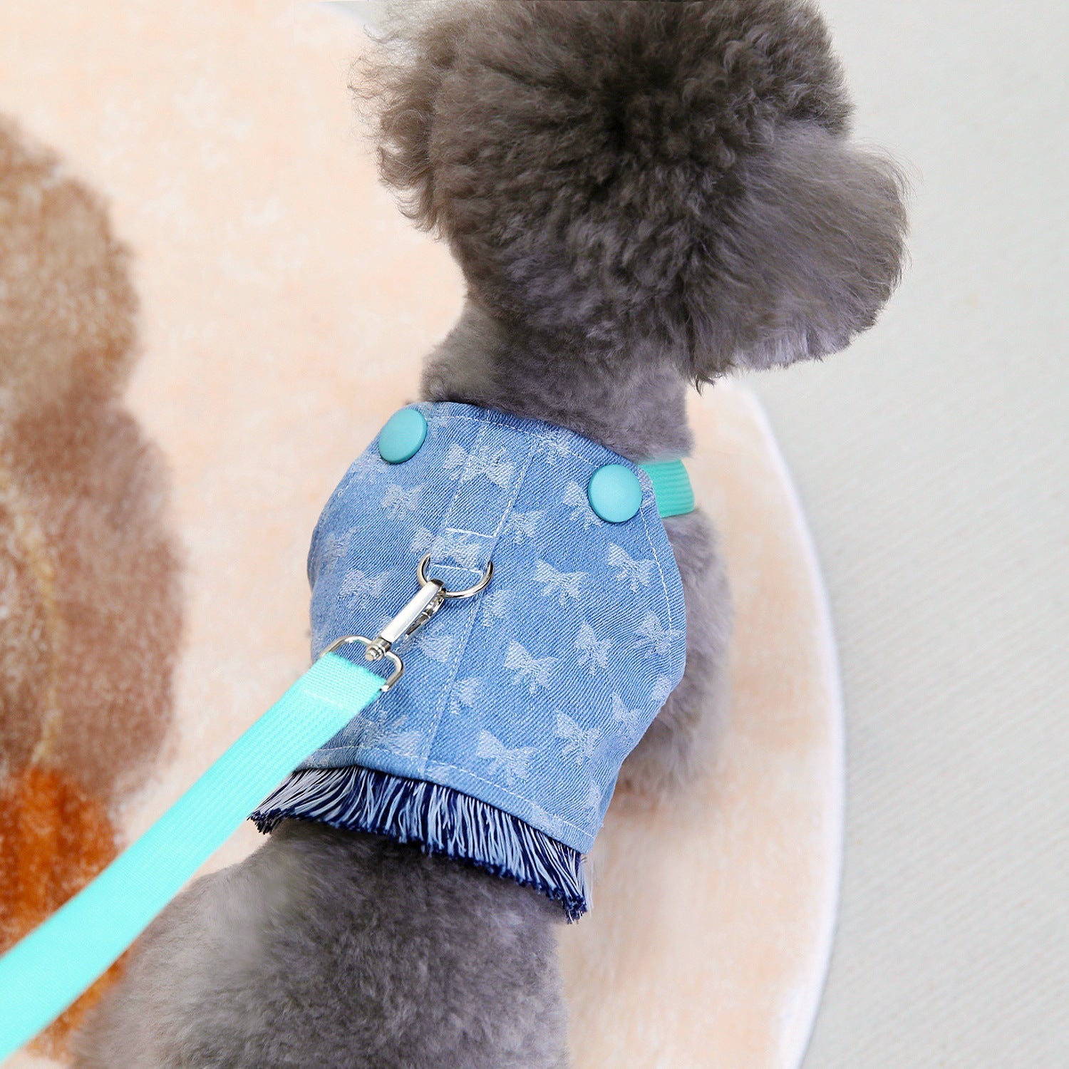 HKM-4064061 Light Blue and Dark Orange Cotton Full Bottom Bow Denim Vest for Pets