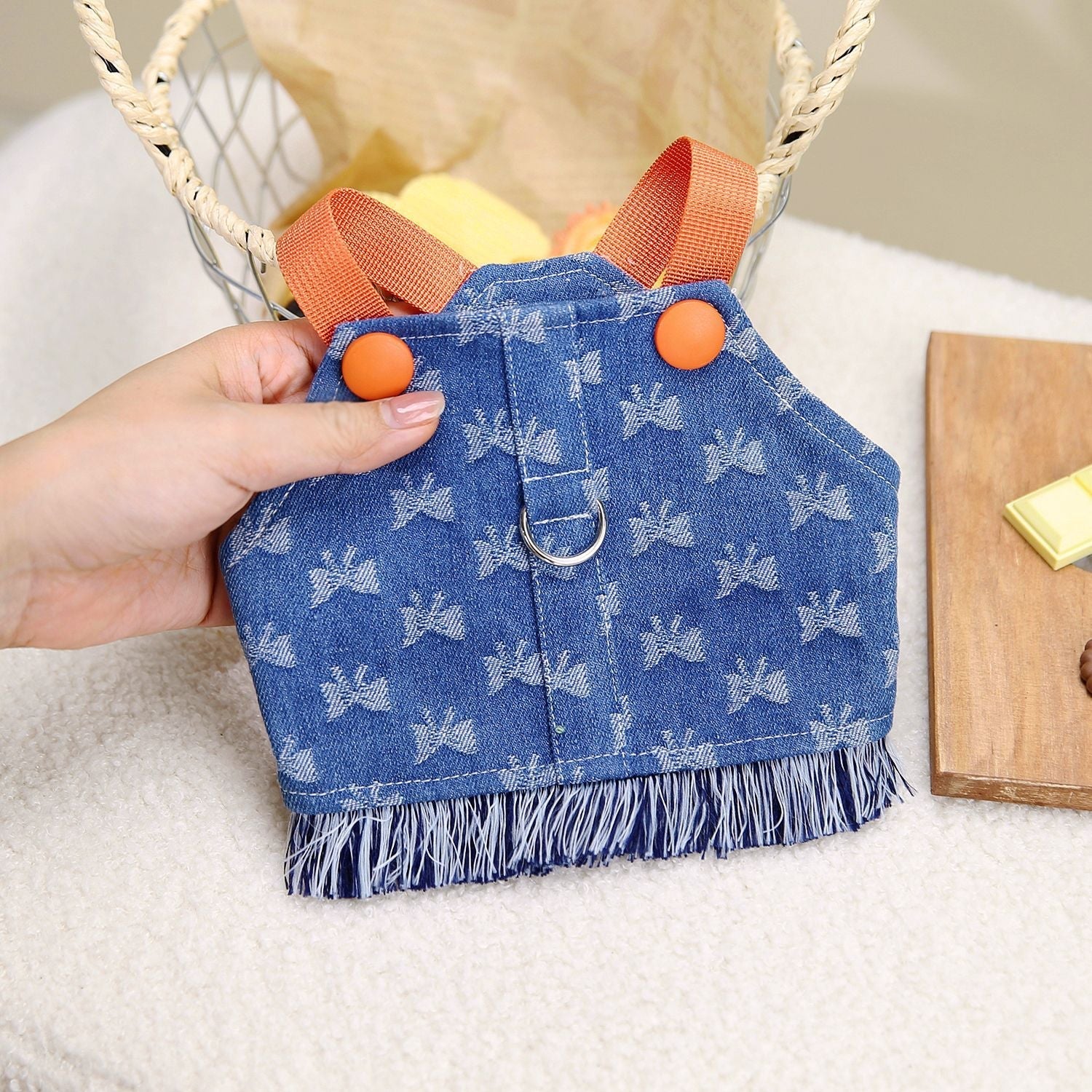 HKM-4064061 Light Blue and Dark Orange Cotton Full Bottom Bow Denim Vest for Pets