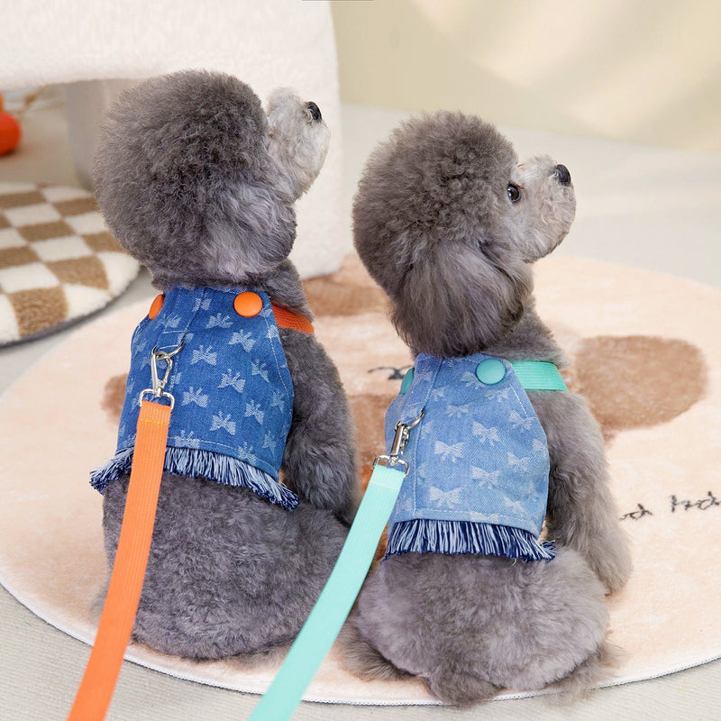 HKM-4064061 Light Blue and Dark Orange Cotton Full Bottom Bow Denim Vest for Pets