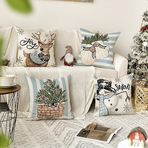 HKM-406483 Winter Holiday Eucalyptus Throw Pillow Covers Set of 4, 18x18 Inch Soft Polyester Cushion Cases for Home Decor