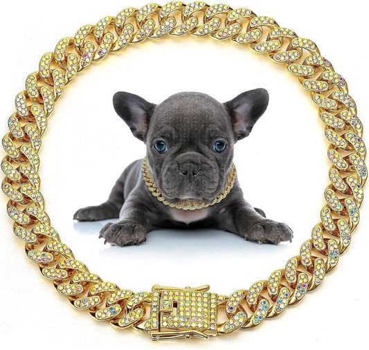 HKM-406547 Elegant Crystal Dog & Cat Necklace - Metal Chain Collar Accessories for Small, Medium, and Large Pets
