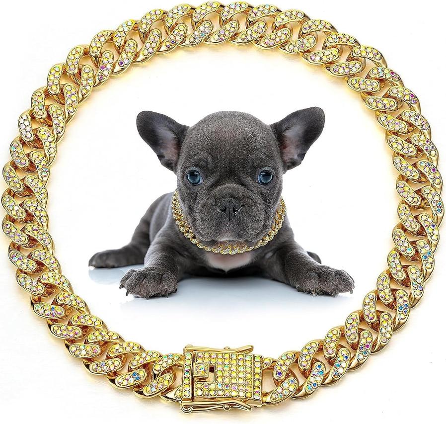 HKM-406547 Elegant Crystal Dog & Cat Necklace - Metal Chain Collar Accessories for Small, Medium, and Large Pets