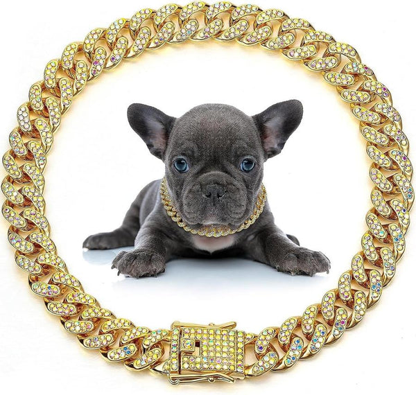 HKM-406547 Elegant Crystal Dog & Cat Necklace - Metal Chain Collar Accessories for Small, Medium, and Large Pets