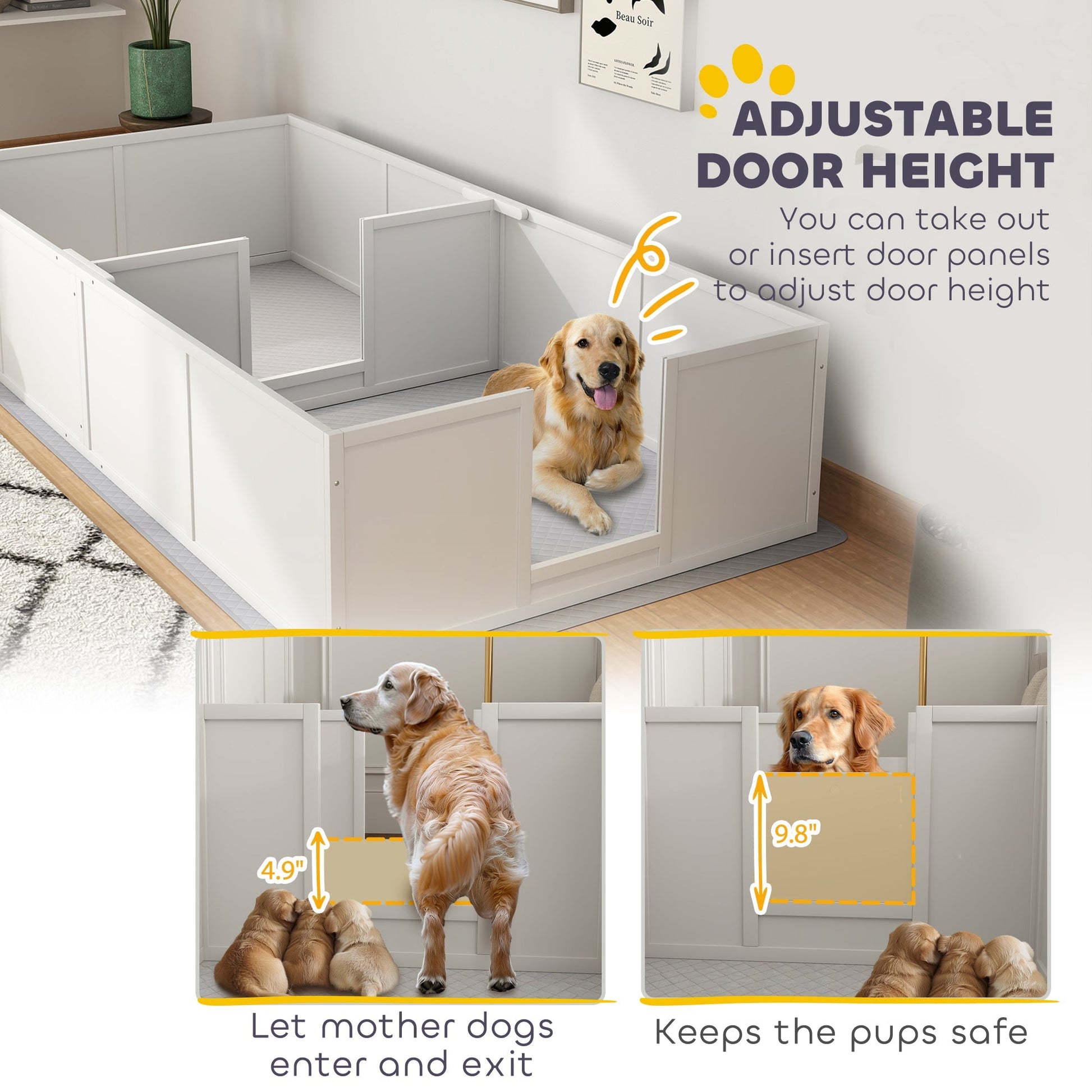 HKM-4069693 Large Dog Whelping Box with Adjustable Entrance and Waterproof Pee Pad