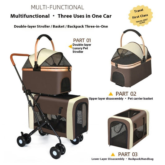 HKM-4076221 Double-layer Portable Outdoor Pet Stroller in Army Green, Khaki, and Black