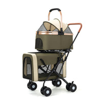 HKM-4076221 Double-layer Portable Outdoor Pet Stroller in Army Green, Khaki, and Black