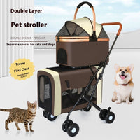 HKM-4076221 Double-layer Portable Outdoor Pet Stroller in Army Green, Khaki, and Black