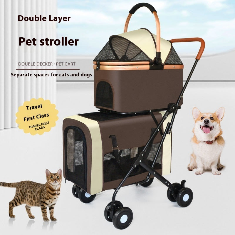 HKM-4076221 Double-layer Portable Outdoor Pet Stroller in Army Green, Khaki, and Black
