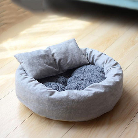 HKM-4077245 Soft Plush Round Dog Bed with Pillow for Small Dogs and Cats, Suitable for Puppies and Kittens