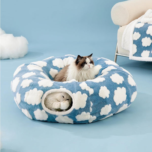 HKM-407955 Foldable Light Cloud Donut Cat Tunnel Nest - Cozy Cloth Bed for Cats, 80x26x20cm, Blue