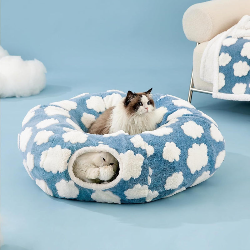 HKM-407955 Foldable Light Cloud Donut Cat Tunnel Nest - Cozy Cloth Bed for Cats, 80x26x20cm, Blue