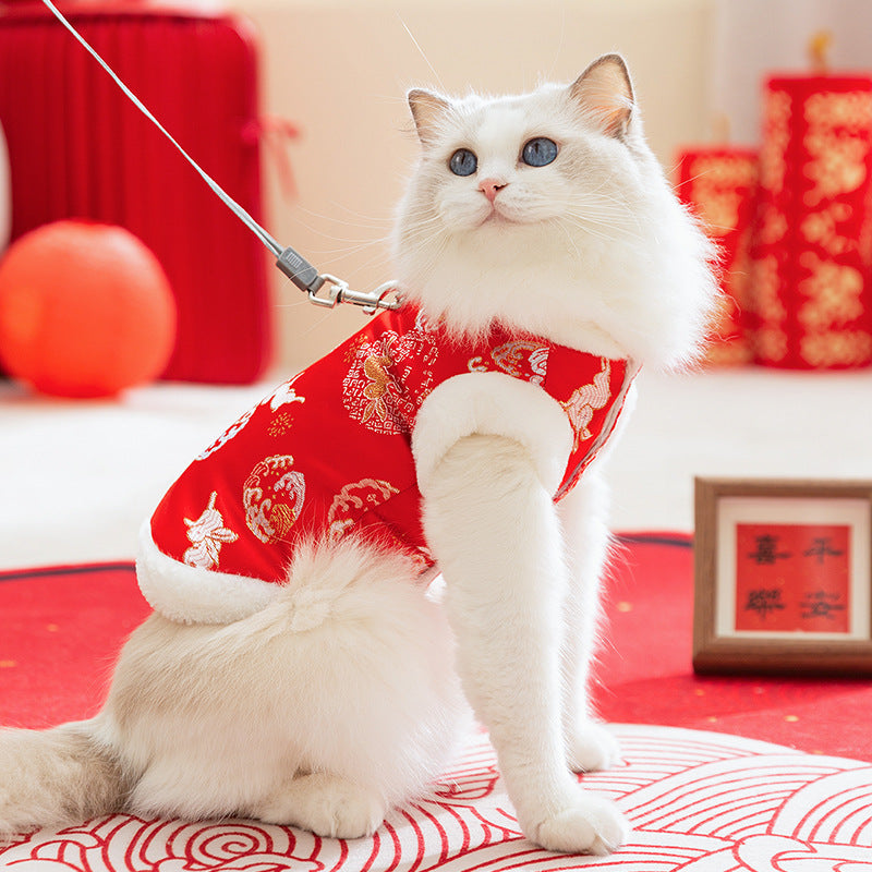 HKM-4084285 Lunar New Year Cotton-Padded Pet Vest with Brocade Design and Faux Fur Trim for Cats and Dogs