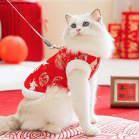 HKM-4084285 Lunar New Year Cotton-Padded Pet Vest with Brocade Design and Faux Fur Trim for Cats and Dogs