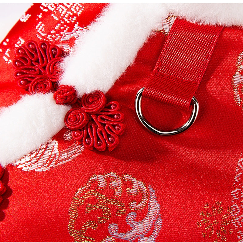 HKM-4084285 Lunar New Year Cotton-Padded Pet Vest with Brocade Design and Faux Fur Trim for Cats and Dogs