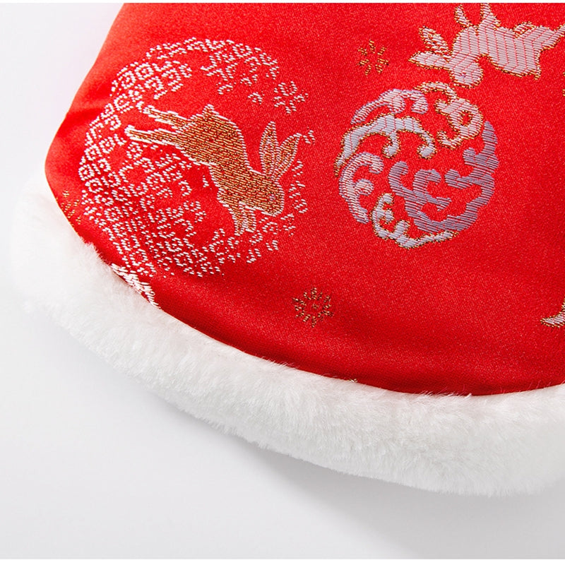 HKM-4084285 Lunar New Year Cotton-Padded Pet Vest with Brocade Design and Faux Fur Trim for Cats and Dogs