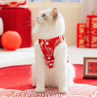 HKM-4084285 Lunar New Year Cotton-Padded Pet Vest with Brocade Design and Faux Fur Trim for Cats and Dogs